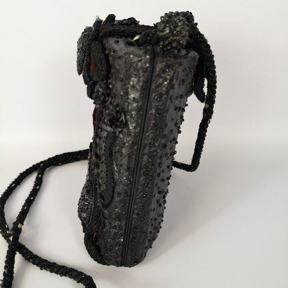 VTG Mary Frances Black Burgundy Velvet Embellished Beaded Small Shoulder Bag - Picture 5 of 16